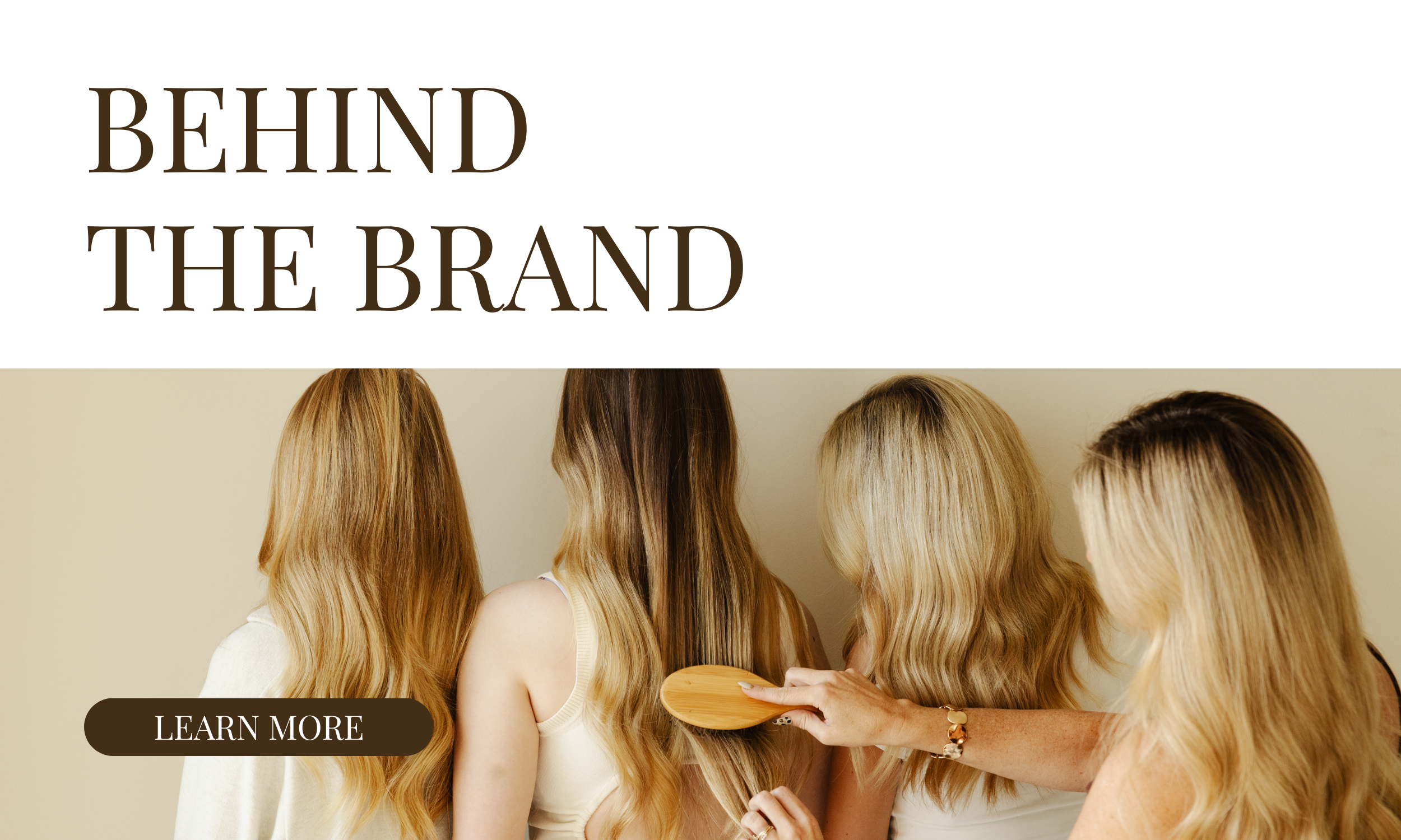Four women with long blonde hair are getting a hair treatment, standing side by side with their backs to the camera, while a stylist brushes one of their hair.