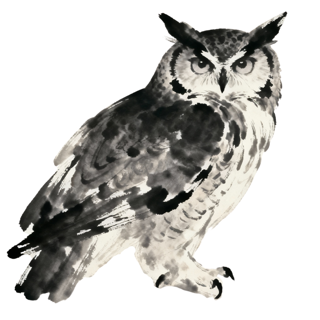 A watercolor painting of a great horned owl