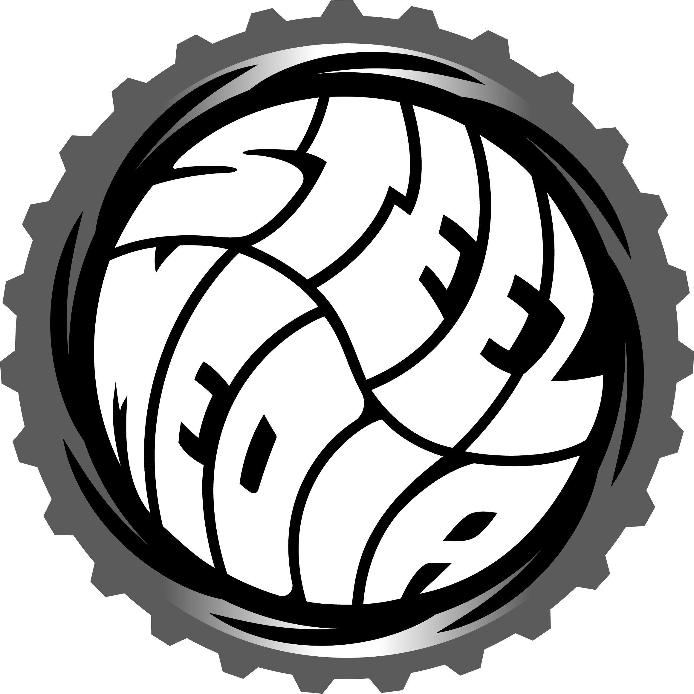 Black and white illustration of a volleyball with an abstract pattern, surrounded by a gear-like border.