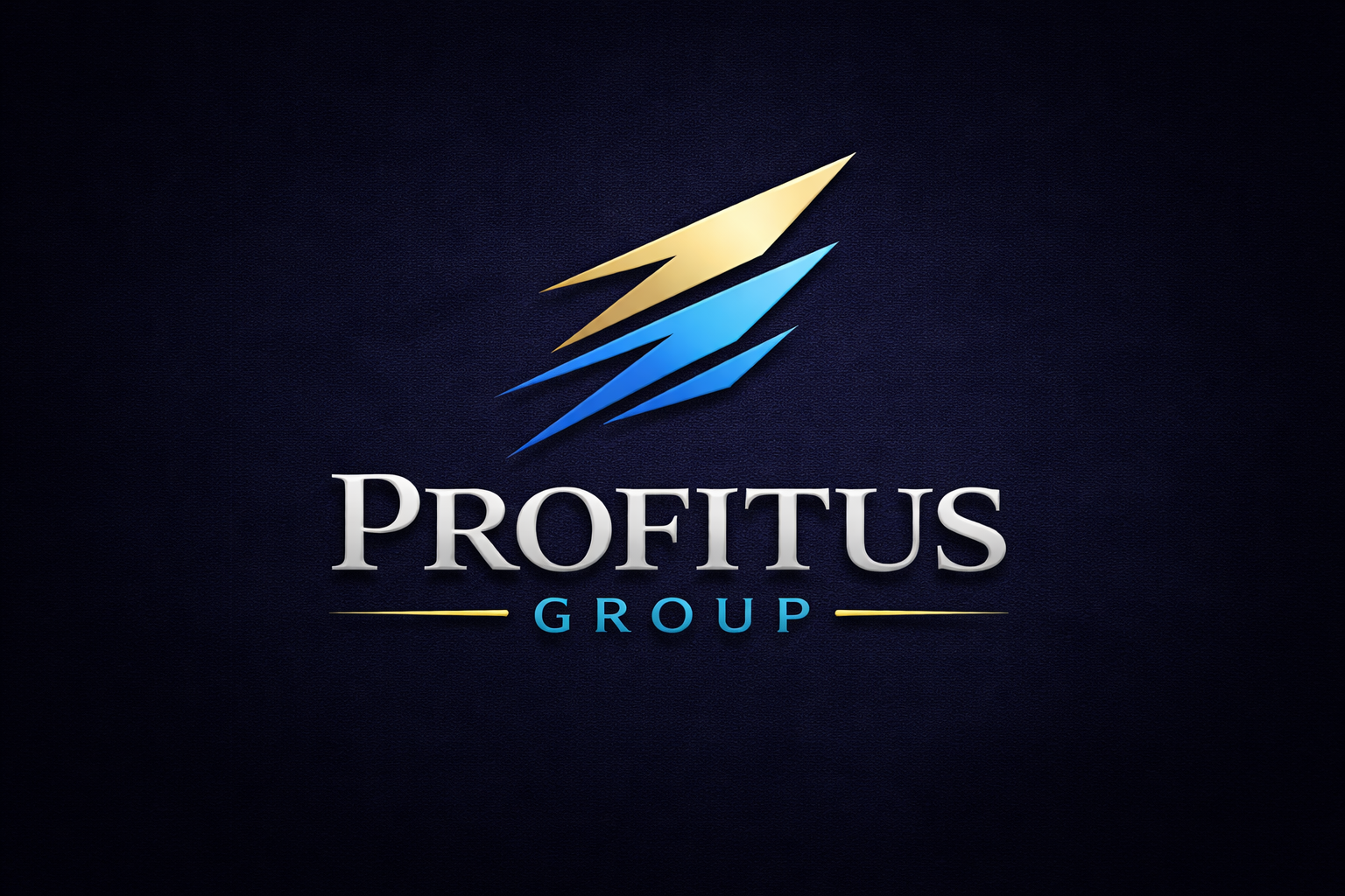 Logo of Profitus Group featuring three stylized lightning bolts in gold and blue above the company name in silver and blue text on a dark background.