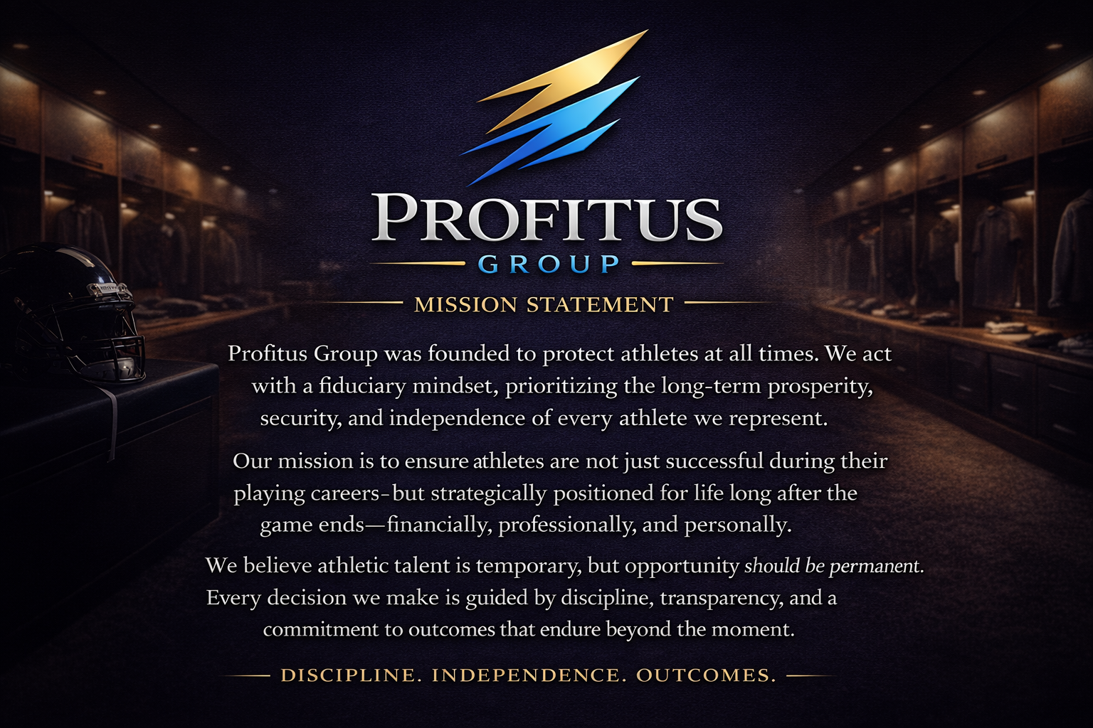 Profitus Group logo with stylized lightning bolts, mission statement text on a dark background, lockers and a football helmet in a sports locker room setting.