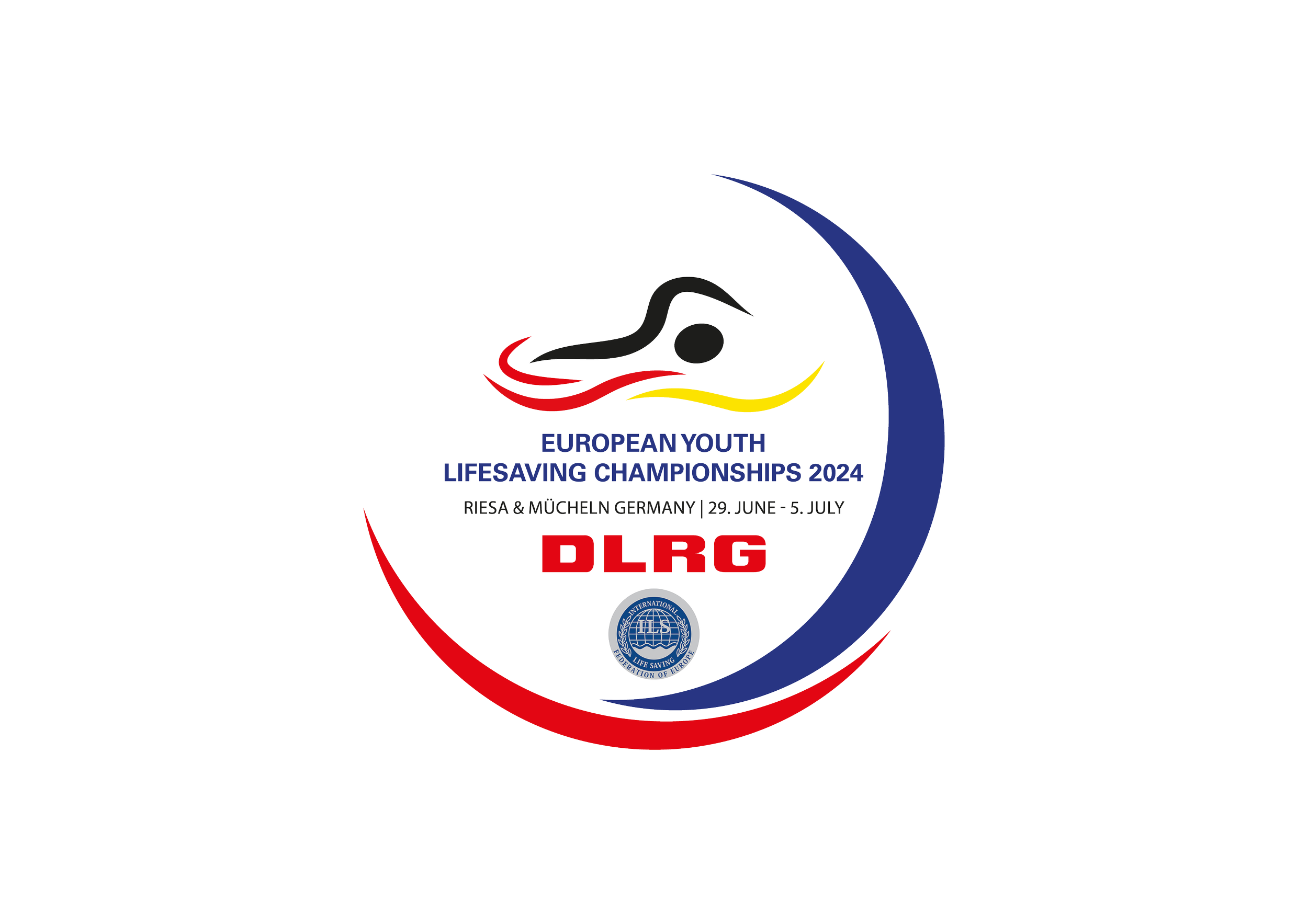 Logo for the European Youth Lifesaving Championships 2024, featuring a stylized duck head, red and yellow waves, and the DLRG emblem, with event details and dates in Germany.