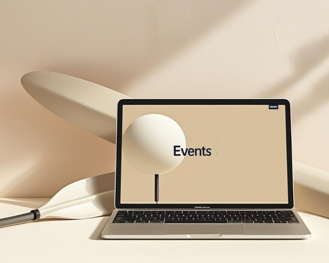 A digital laptop screen displays the word 'Events' with a minimalist lamp in the background, set on a beige surface against a light beige backdrop.
