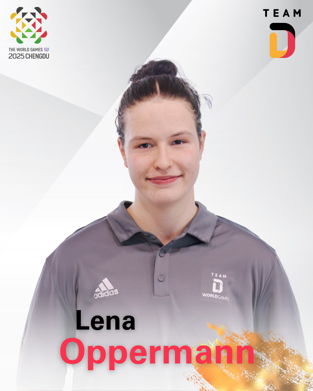Portrait of Lena Oppermann, a female athlete, wearing a gray Adidas polo shirt with 'Team World Games' logo, smiling, with a white and light gray background and event logos at the top left and top right.