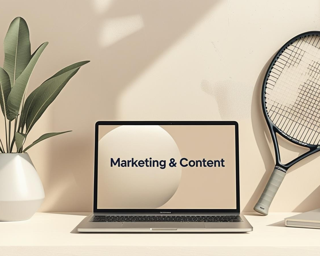A workspace with a laptop displaying 'Marketing & Content', a tennis racket on the wall, and a potted plant.