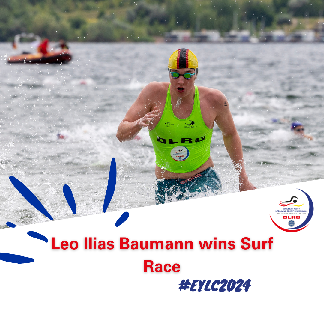A female athlete in a green race top and swim cap running out of the water during a triathlon race, with a boat and other swimmers in the background, and a graphic overlay announcing Leo Ilias Baumann's victory in the surf race at #EYLC2024.