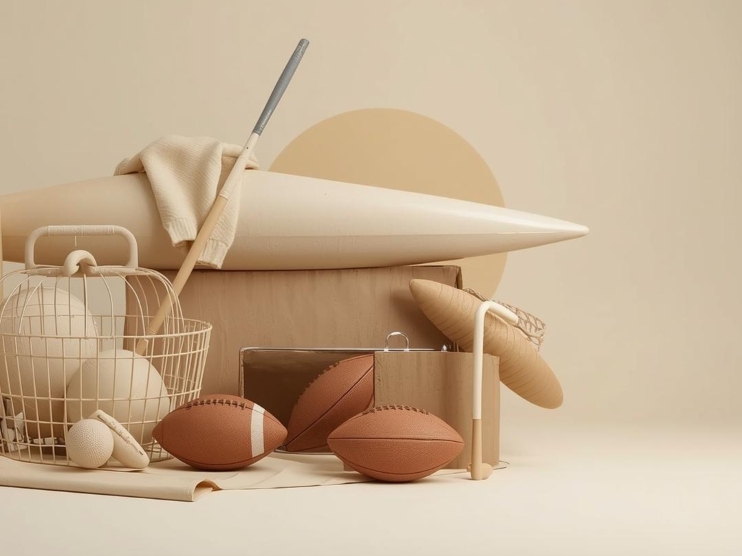 Arrangement of neutral-tone sports equipment including a football, two tennis balls, a golf ball, and wooden props with a minimalist background.