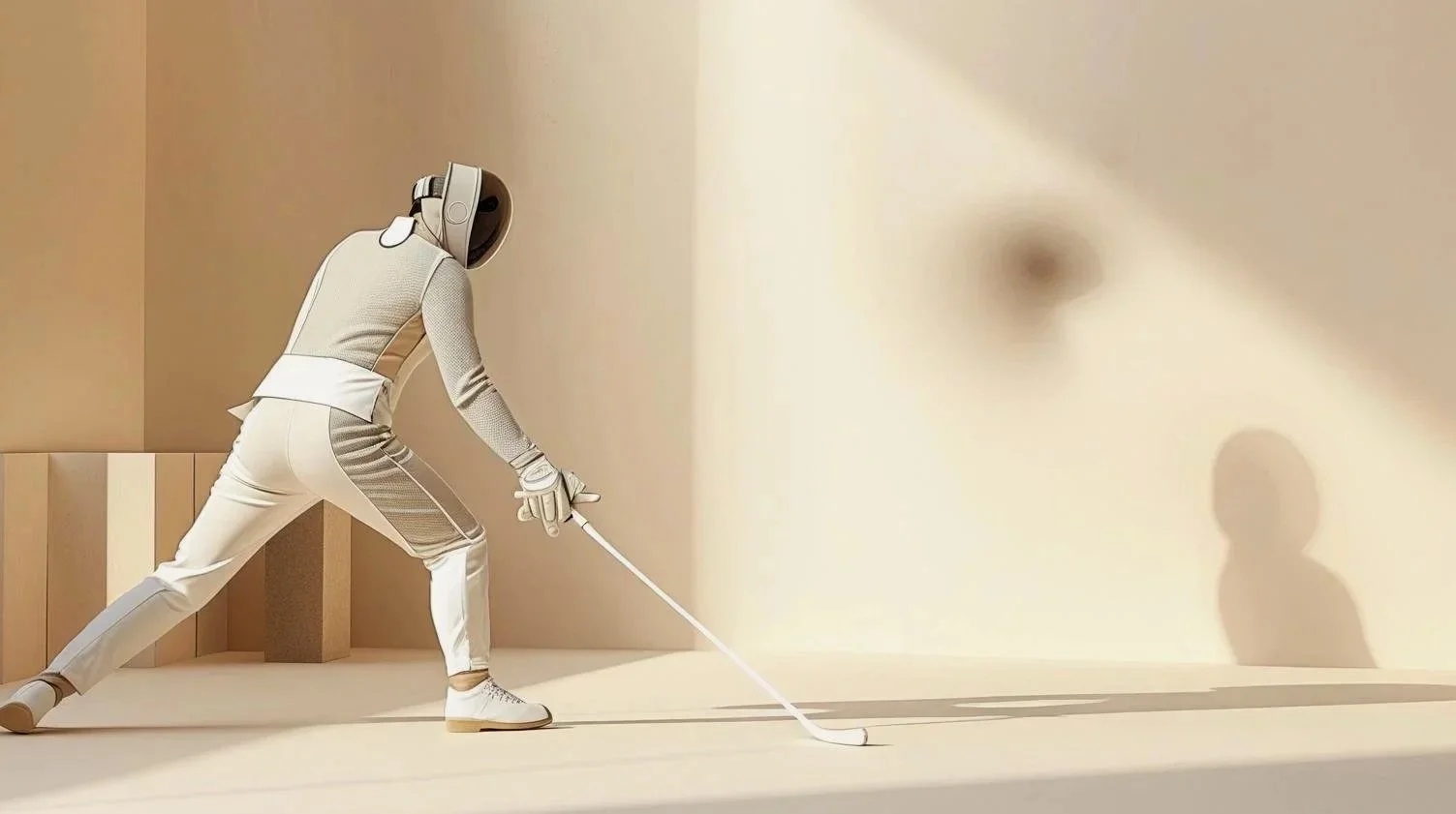 A humanoid robot with a visor face playing miniature golf indoors, hitting a golf ball towards a wall where its shadow and a shadow of a person are visible.