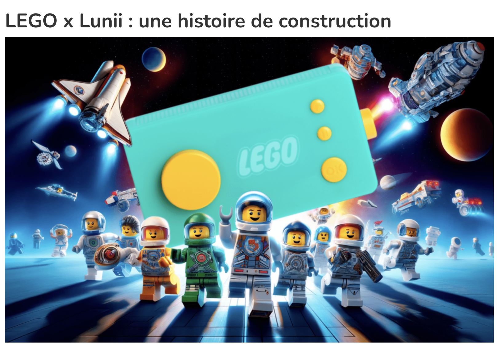 Une scène spatiale avec des figurines LEGO astronautes, des vaisseaux spatiaux, la planète Mars et les planètes du système solaire, avec un grand jouet LEGO dans le centre