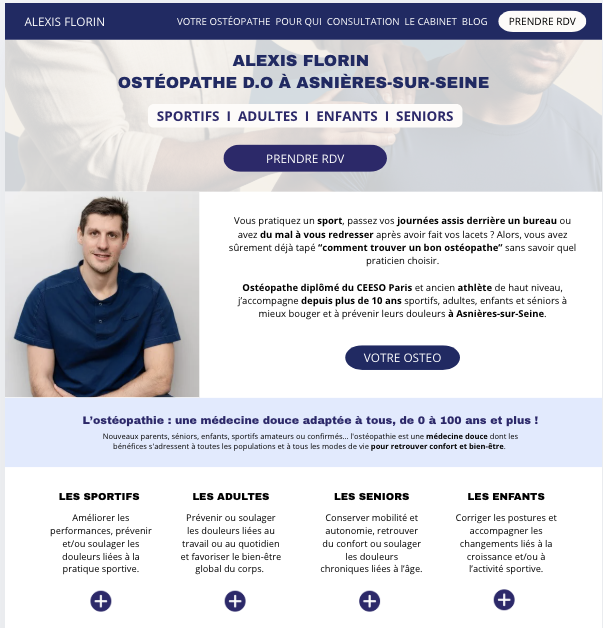 Page web d'Alexis Florin, ostéopathe à Asnières-sur-Seine, proposant des consultations pour sportifs, adultes, enfants et seniors, avec un bouton pour prendre rendez-vous.