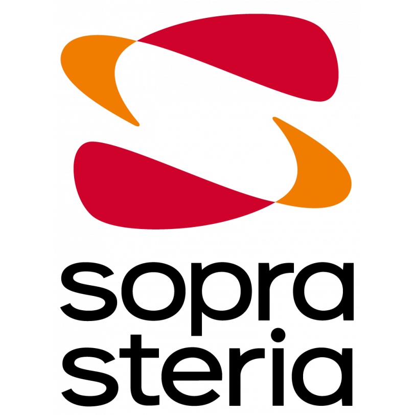 Logo avec des formes abstraites oranges et rouges autour d'une sphère noire.