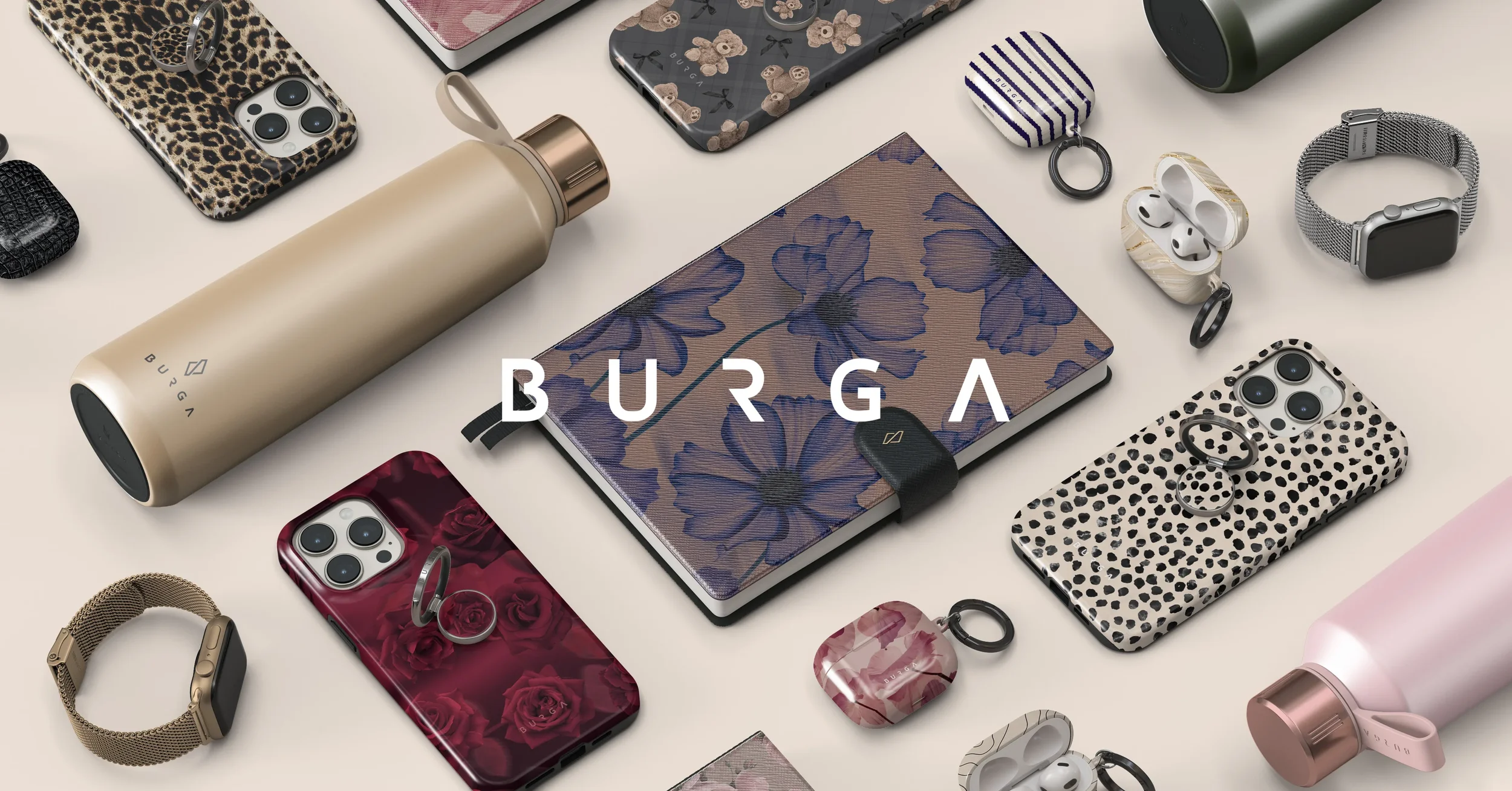 Collection d'articles technologiques et accessoires de mode avec le logo 'BURGA' au centre. Inclut des smartphones, des coques, des écouteurs sans fil, une bouteille thermique, des montres, et autres gadgets avec des motifs variés.