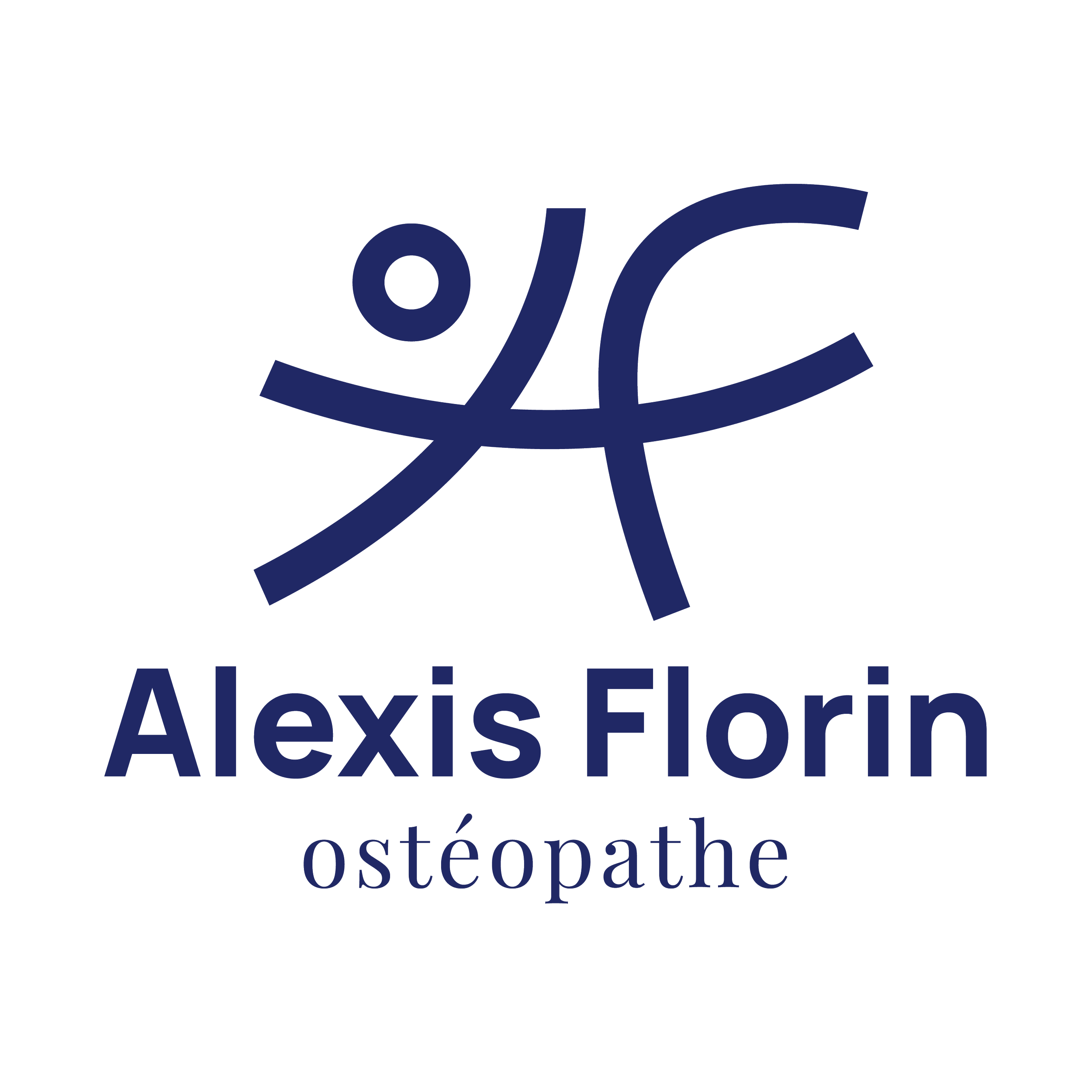 Texte en français avec le nom 'Alexis Forin' et le mot 'ostéopathe' en dessous, écrit en bleu foncé sur un fond noir.