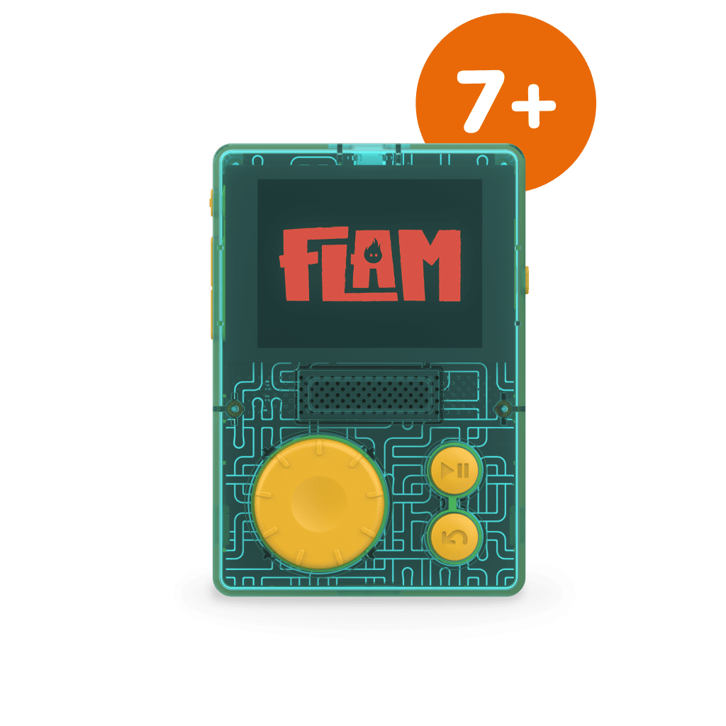 Un appareil électronique en forme de lecteur mp3 avec l'inscription 'FLAM' sur l'écran et un bouton jaune principal, deux boutons plus petits à droite et une étiquette orange en haut à droite indiquant '7+'.