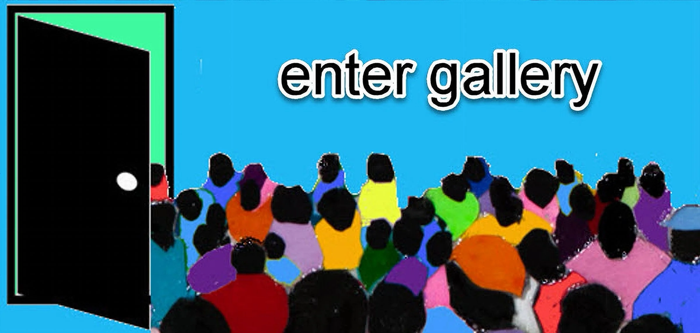 An illustration of a group of diverse people facing a door with the words 'enter gallery' written above.