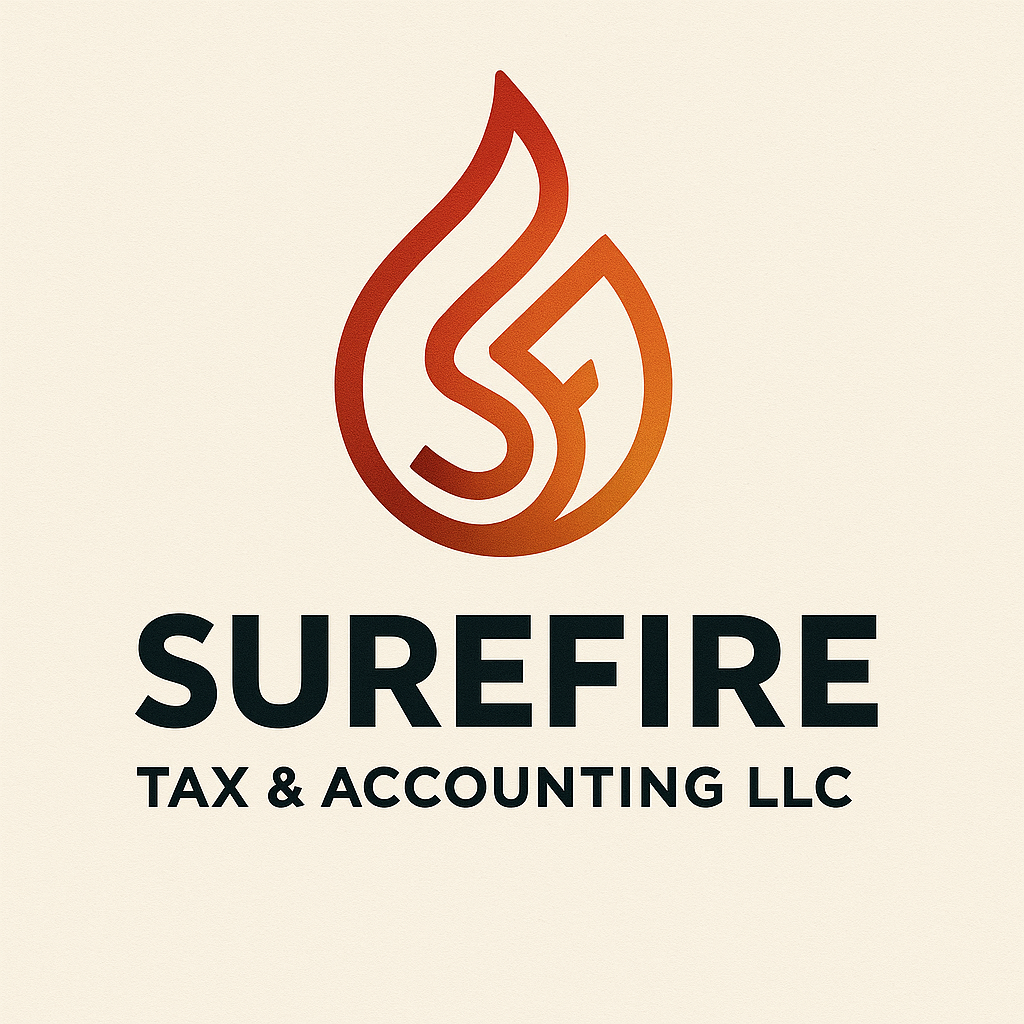 Logo for Surefire Tax & Accounting LLC featuring a stylized flame design in shades of orange and red.