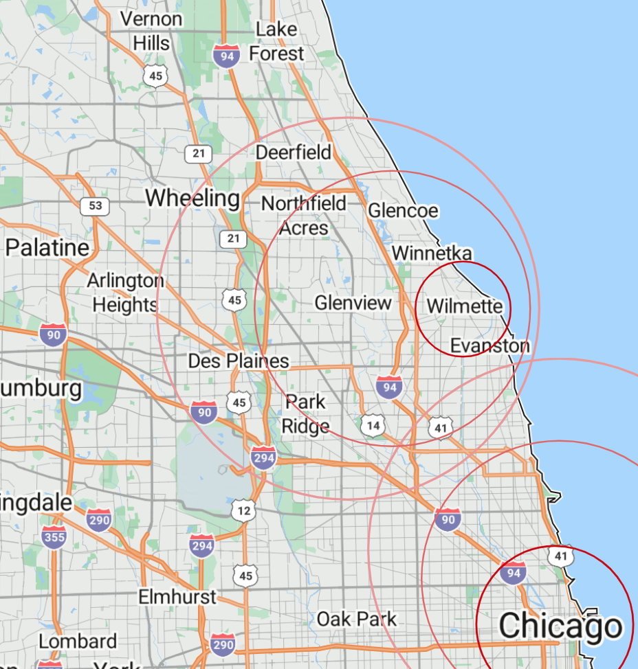Map of Chicago with concentric circles indicating a weather or other radius, covering nearby suburbs like Evanston, Wilmette, and others.
