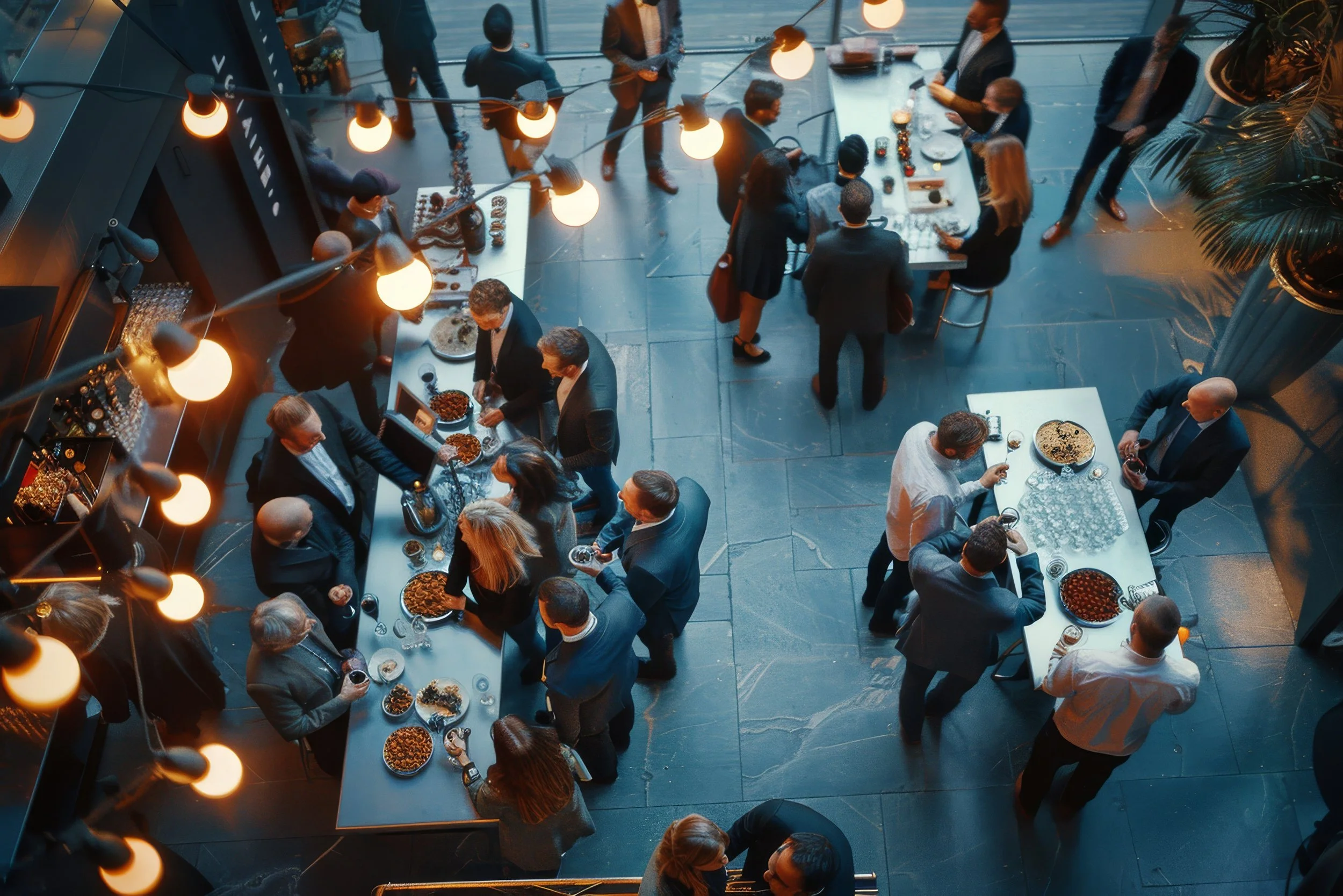 An overhead view of a social gathering at an indoor venue with various groups of people standing and sitting around tables with food and drinks, illuminated by warm hanging lights.
