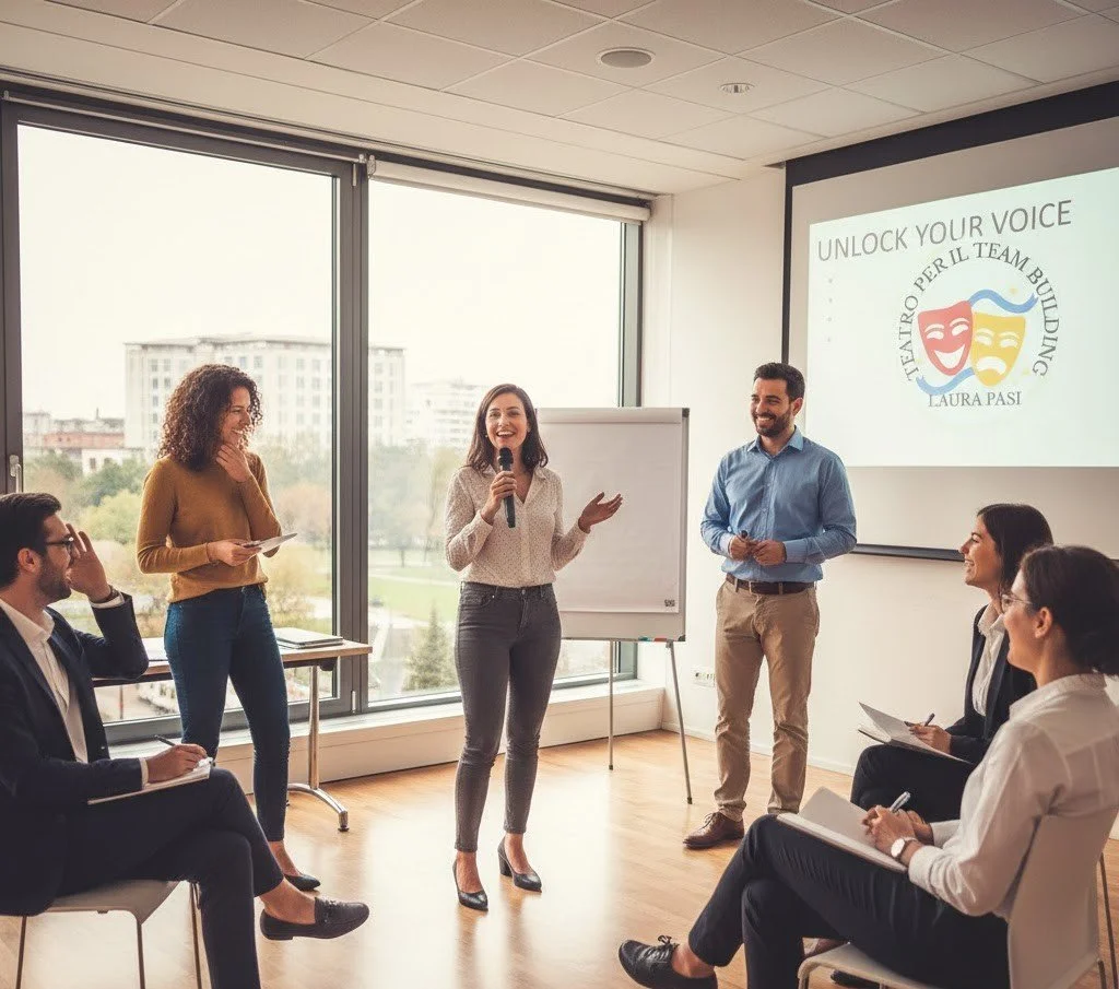 Sessione formativa di public speaking e teatro d'impresa: una formatrice parla con un microfono davanti a un gruppo di professionisti seduti in cerchio.