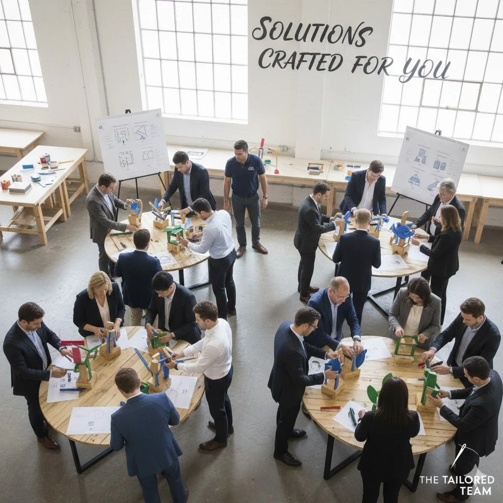 Un gruppo di persone in abiti d'affari che partecipano a un workshop in una sala luminosa con grandi finestre. Sono in piedi, con davanti tavoli rotondi, interagendo con oggetti e materiali di lavoro.