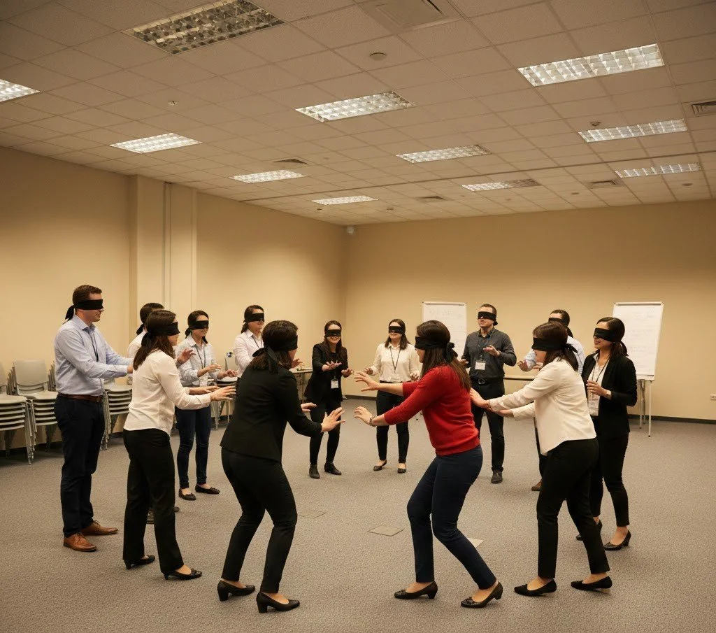Gruppo di persone bendate poste in cerchio con le mani aperte verso il centro