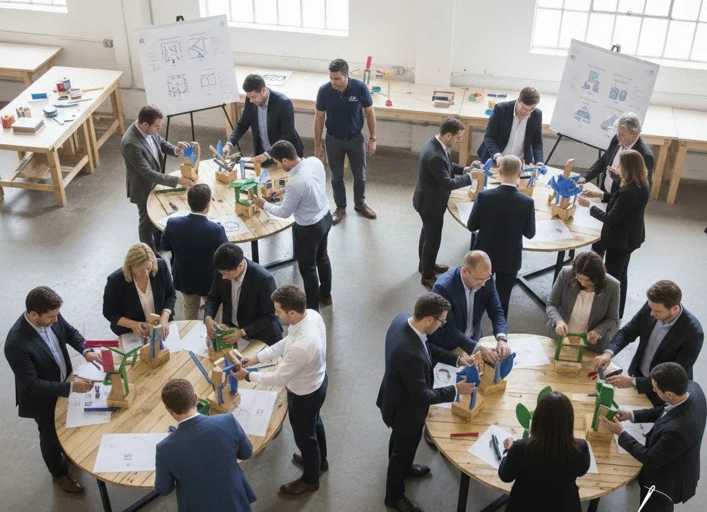 Professionisti impegnati in un workshop di team building sartoriale, guidati da Laura Pasi: piccoli gruppi lavorano alla costruzione di modelli su tavoli rotondi in un ufficio open space per stimolare il problem solving