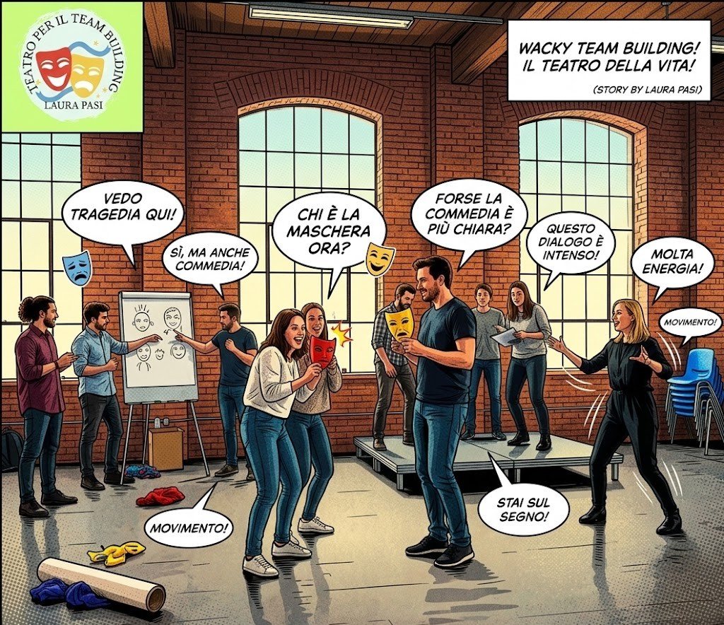 Team building teatrale con Laura Pasi: persone che interagiscono in una sala prove con maschere e accessori.