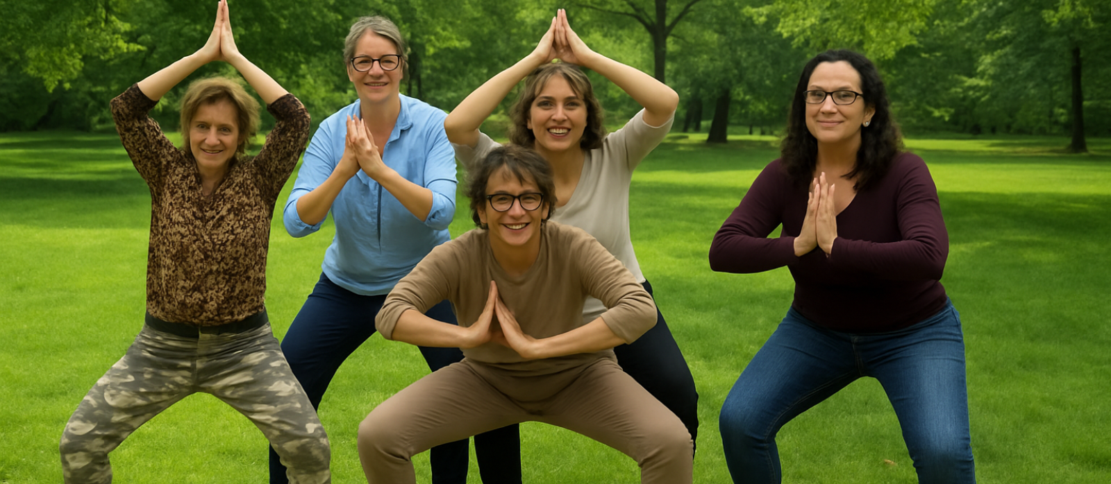 Cinque donne di diverse età durante un'attività di team building in un parco, sorridendo, con le mani unite per focalizzarsi in un obiettivo comune.