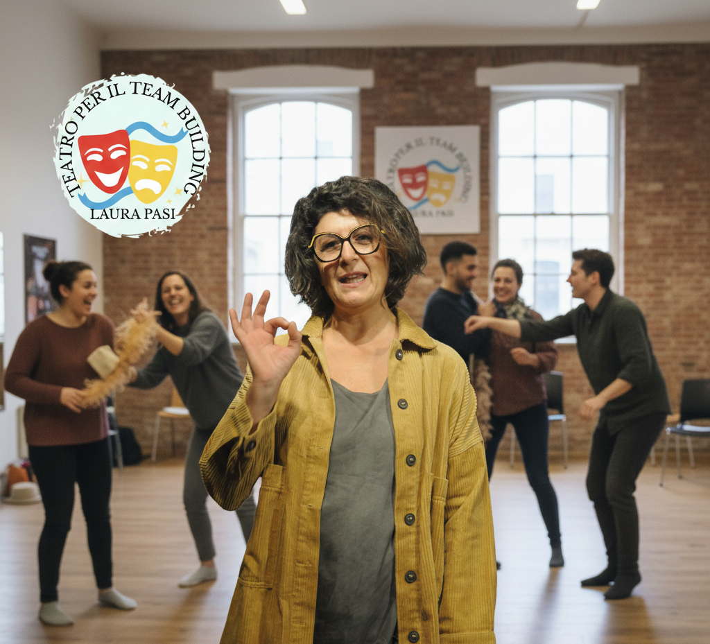 Formazione aziendale e team building su base teatrale con Laura Pasi. Esercizi di espressione corporea e collaborazione di gruppo.