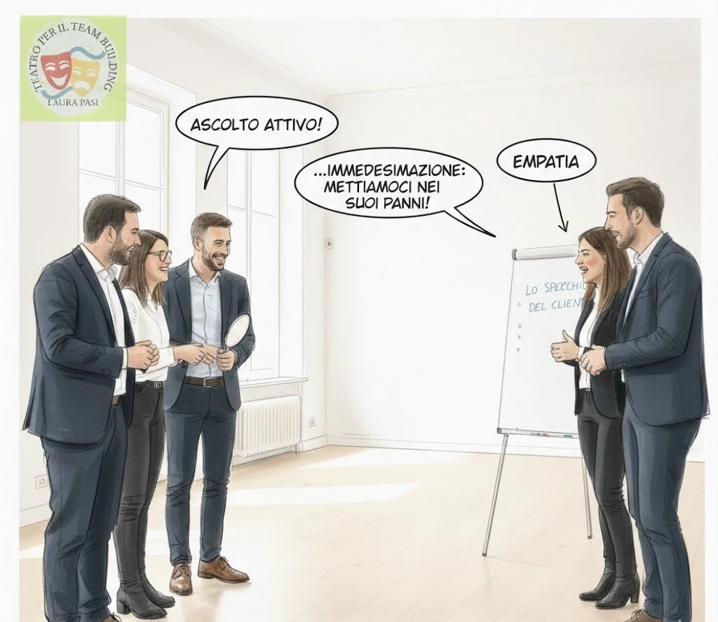 Workshop di team building teatrale con Laura Pasi: i partecipanti eseguono l'esercizio dello specchio in ufficio per migliorare la comunicazione aziendale.