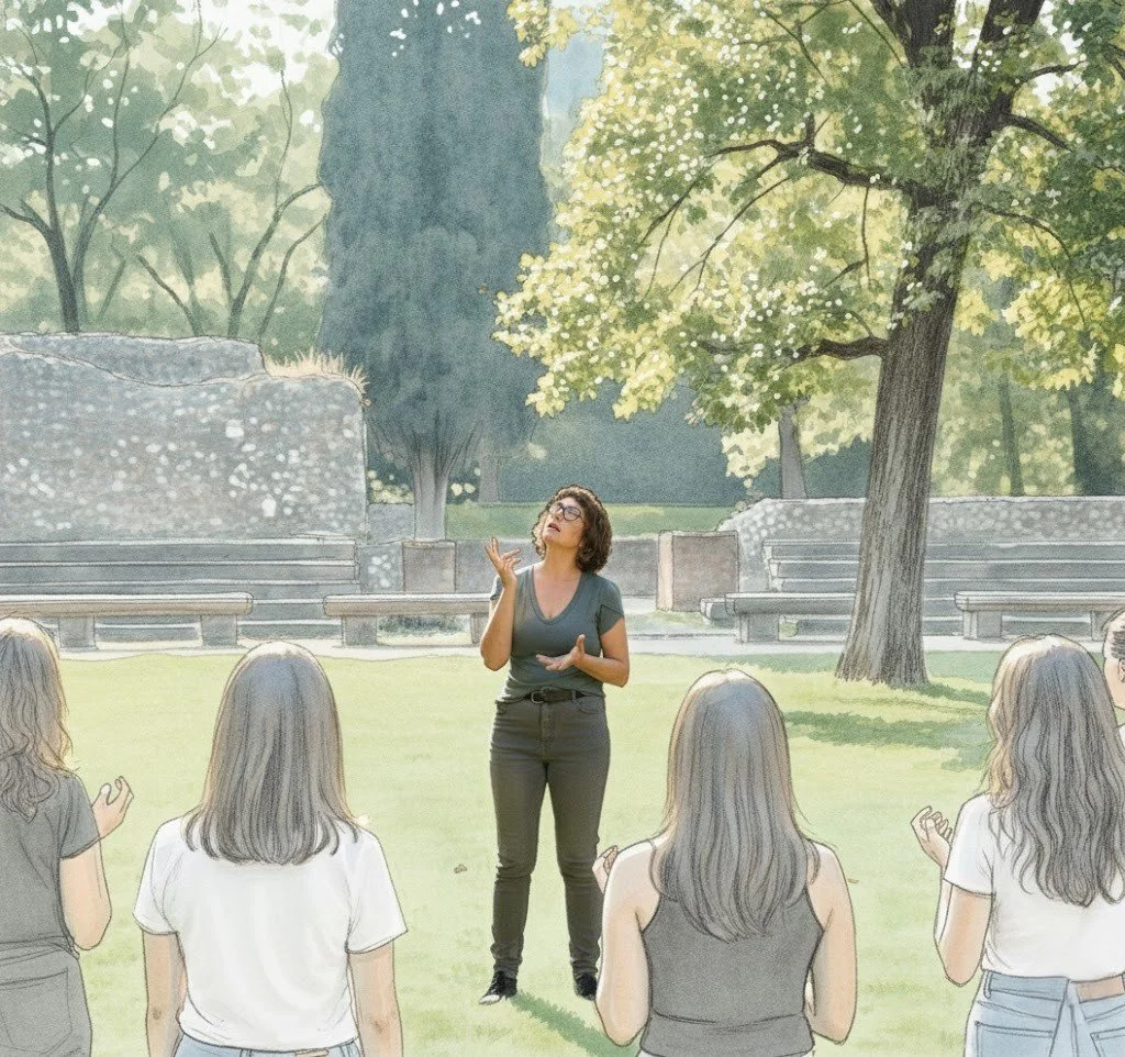 Momento di espressione corporea e formazione durante un workshop di teatro per il team building con Laura Pasi in un giardino pubblico.