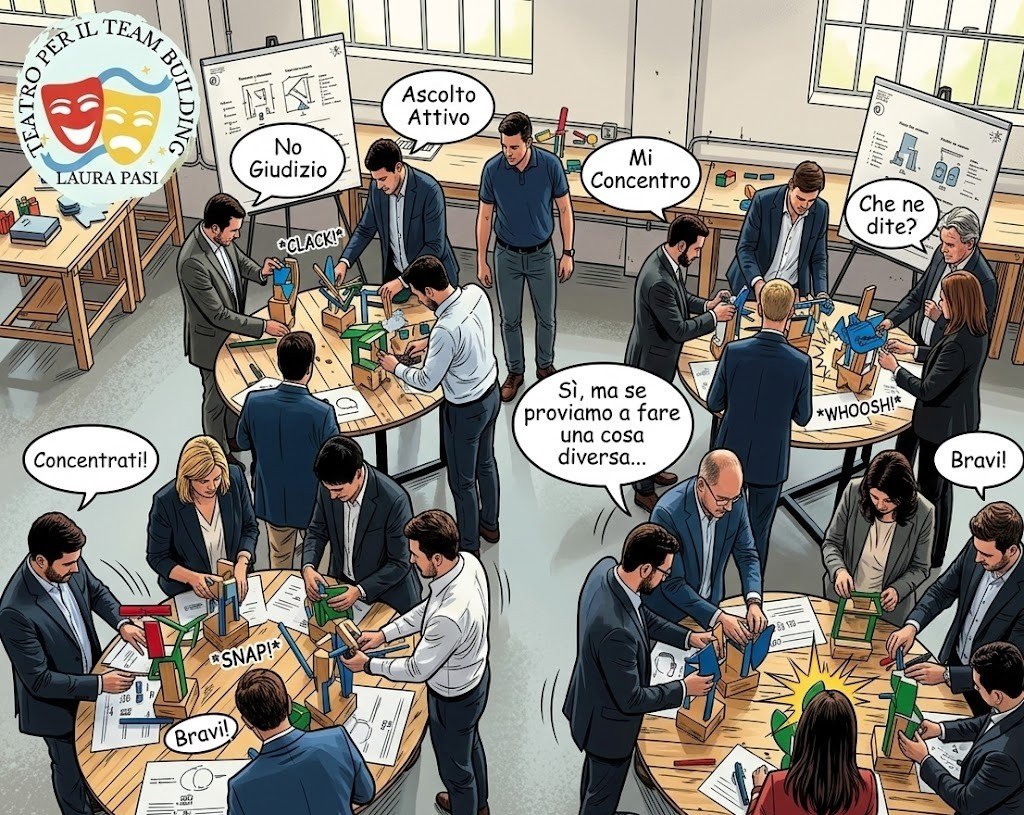 Un gruppo di persone in abiti d'affari che partecipano a un workshop in una sala luminosa con grandi finestre. Sono in piedi, con davanti tavoli rotondi, interagendo con oggetti e materiali di lavoro.