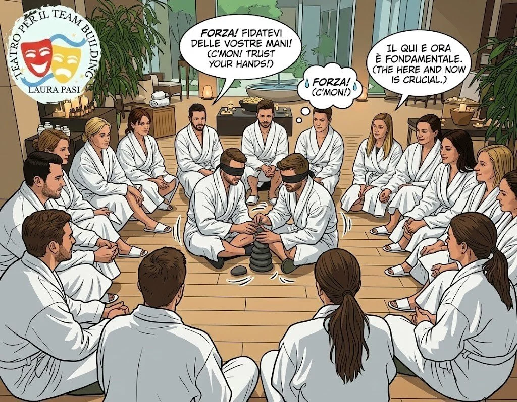 Esperienza di team building immersivo durante un esercizio di sintonizzazione.