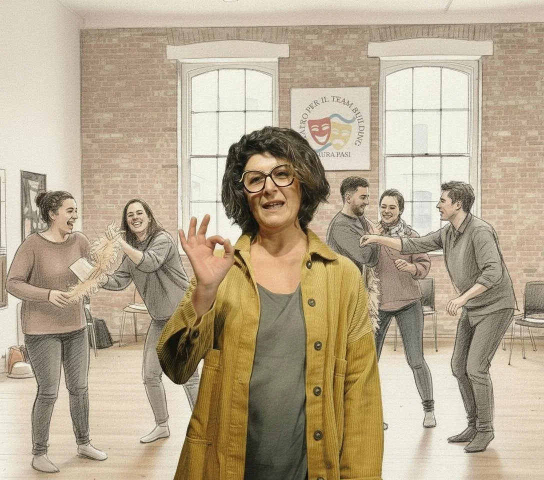 Formazione aziendale e team building su base teatrale con Laura Pasi. Esercizi di espressione corporea e collaborazione di gruppo.