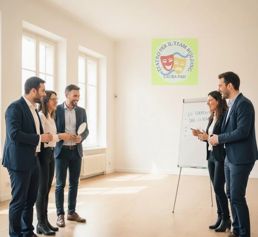Workshop di team building teatrale con Laura Pasi: i partecipanti eseguono l'esercizio dello specchio in ufficio per migliorare la comunicazione aziendale.