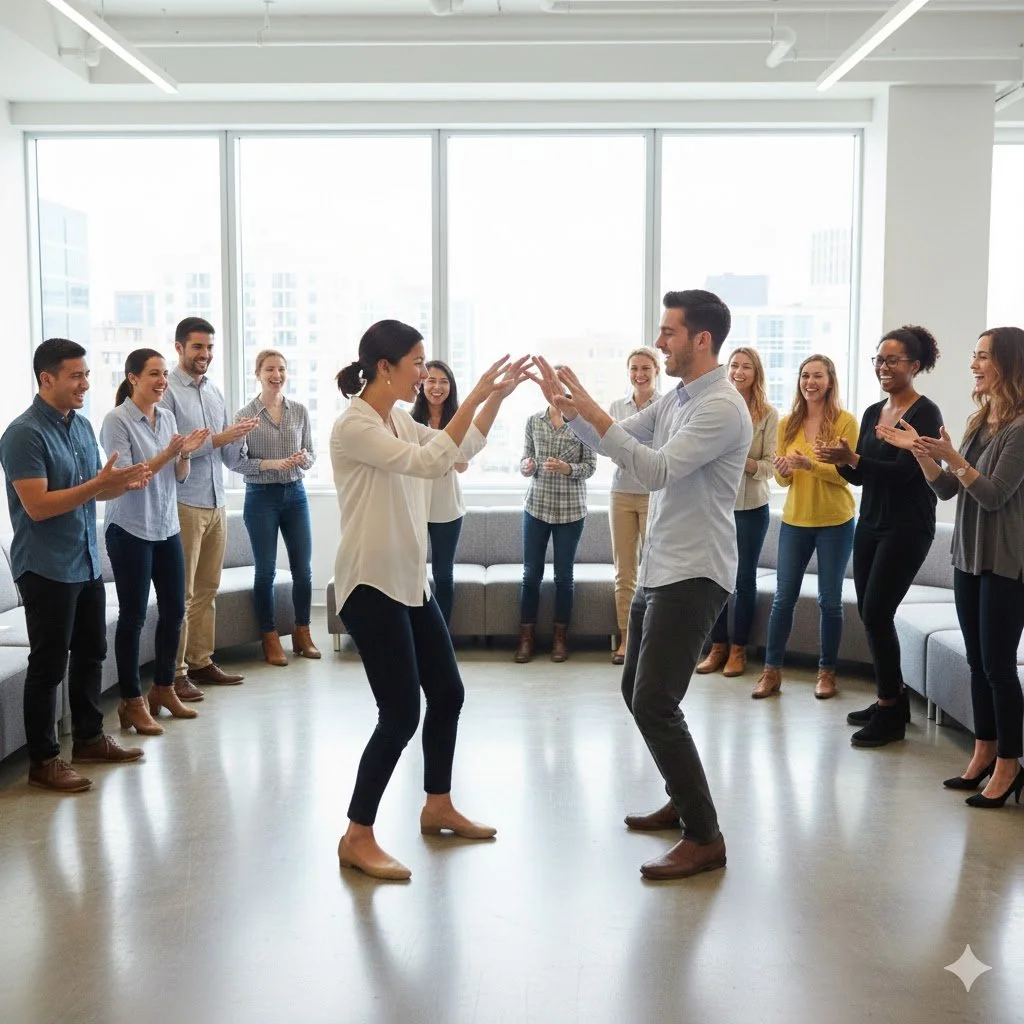 Colleghi che collaborano durante un workshop di team building impegnati in un'attività di gruppo dinamica 