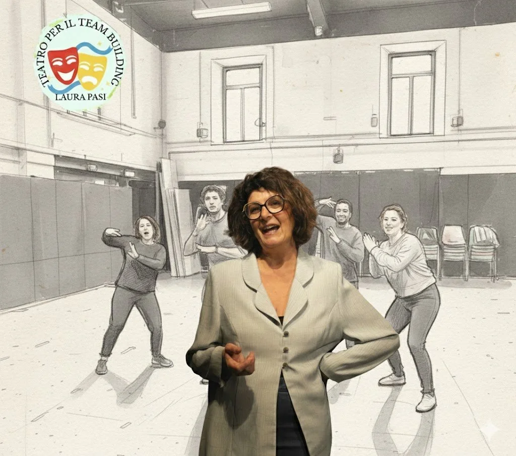 Esercizio di team building aziendale basato sul teatro condotto da Laura Pasi. L'immagine mostra l'integrazione tra formazione e tecniche teatrali