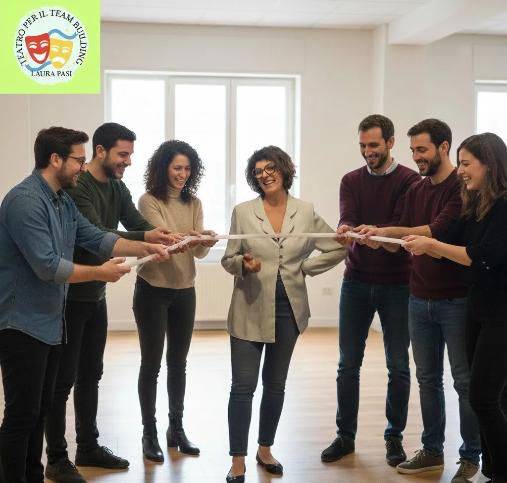 Gruppo di persone sorridenti coinvolte in un'attività di team building, con logotipo di Teatro per il Team Building Laura Pasi in alto a sinistra.