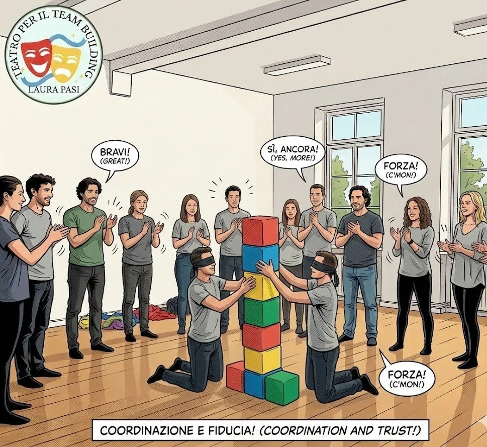 Workshop di team building autoriale con Laura Pasi: l'esercizio svolto mira a potenziare la comunicazione efficace, il supporto reciproco e la visione comune del team.