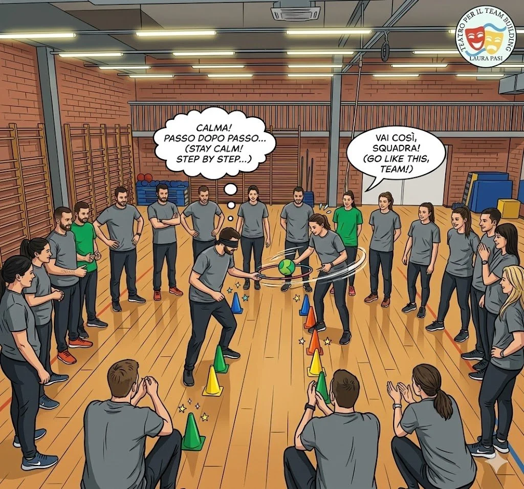 Laura Pasi dirige un esercizio di team building sulla fiducia fiducia e coordinazione motoria durante un workshop di Teatro per il Team Building condotto da Laura Pasi.