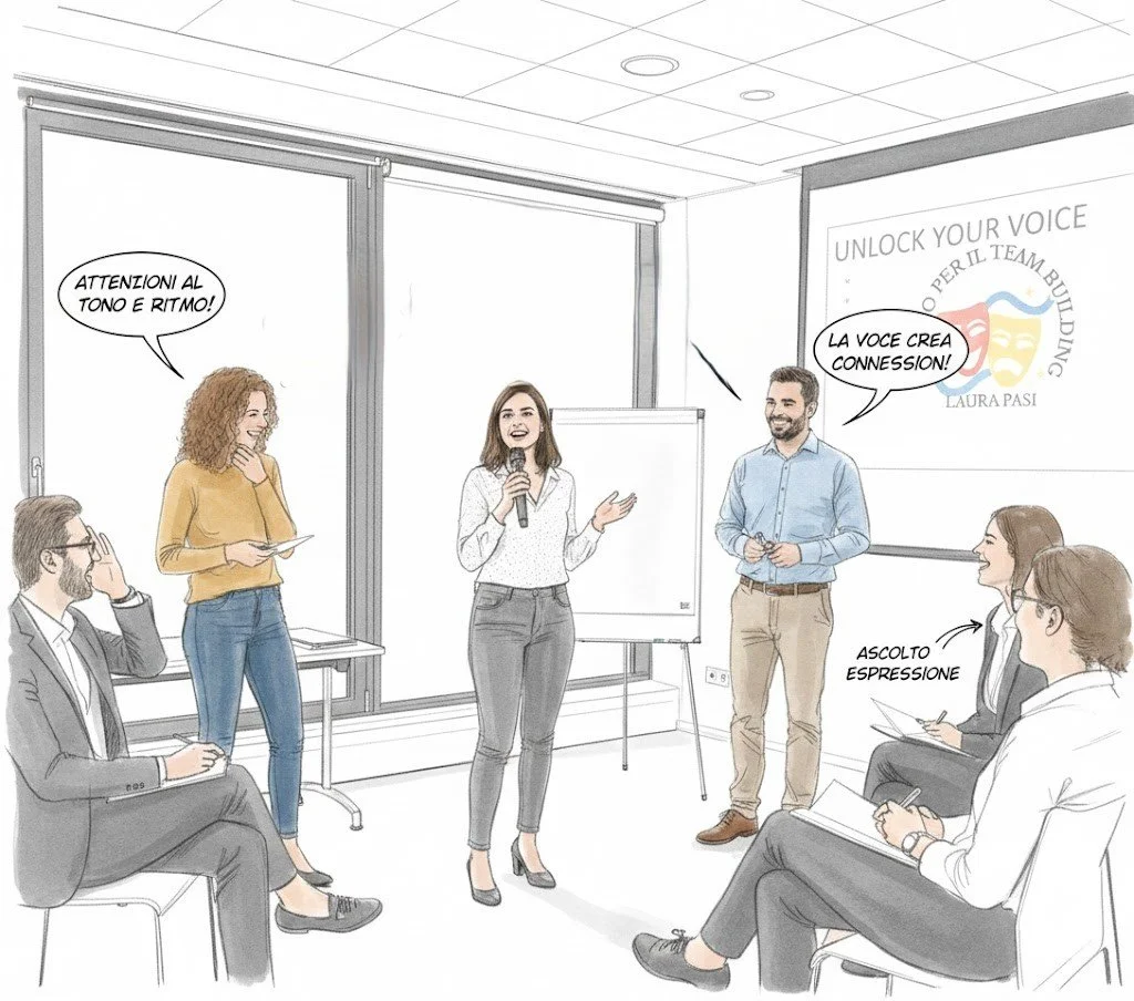 Sessione formativa di public speaking e teatro d'impresa: una formatrice parla con un microfono davanti a un gruppo di professionisti seduti in cerchio.