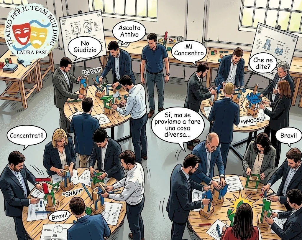 Professionisti impegnati in un workshop di team building sartoriale, guidati da Laura Pasi: piccoli gruppi lavorano alla costruzione di modelli su tavoli rotondi in un ufficio open space per stimolare il problem solving