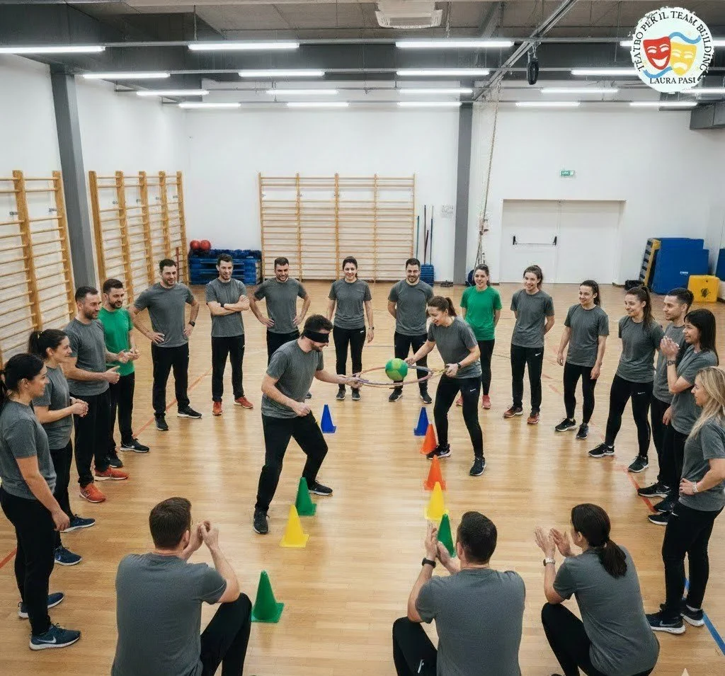 Laura Pasi dirige un esercizio di team building sulla fiducia fiducia e coordinazione motoria durante un workshop di Teatro per il Team Building condotto da Laura Pasi.