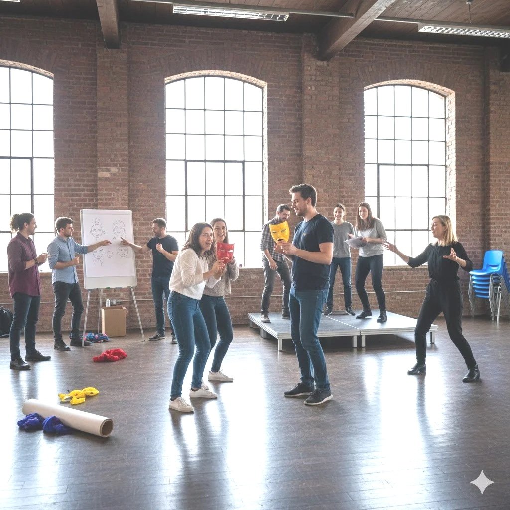 Team building teatrale con Laura Pasi: persone che interagiscono in una sala prove con maschere e accessori.