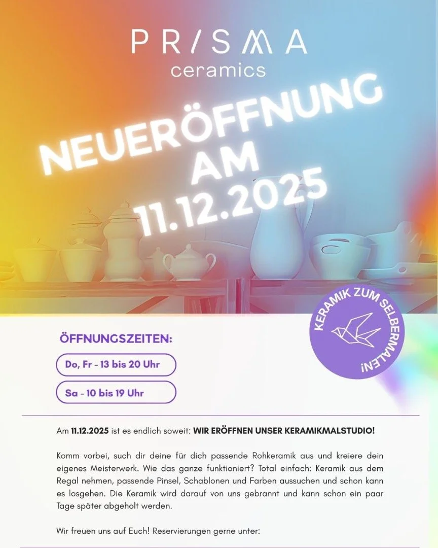 Am 11.12.25 ist es endlich soweit: WIR ER&Ouml;FFNEN UNSER KERAMIKMALSTUDIO! ✨
Komm vorbei, such dir deine f&uuml;r dich passende Rohkeramik aus und kreiere dein eigenes Meisterwerk 🎨🧑🏻&zwj;🎨. Wie das ganze funktioniert? Total einfach: Keramik au