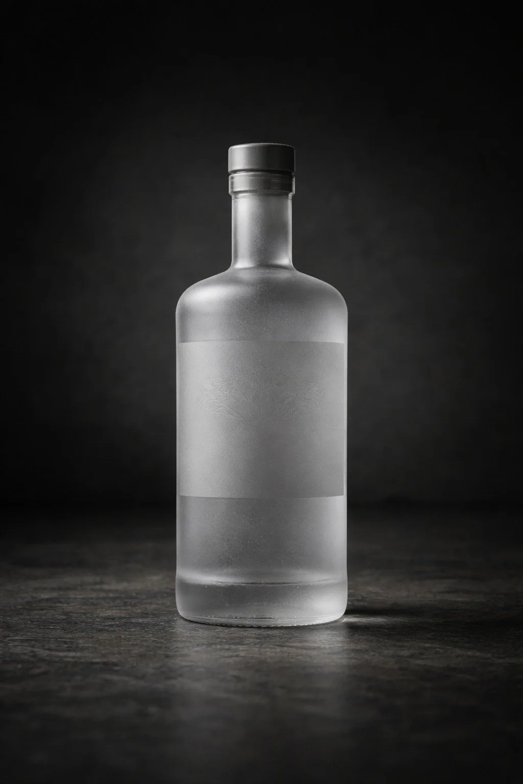 A frosted glass bottle with a plain label and cap, sitting on a dark surface against a dark background.