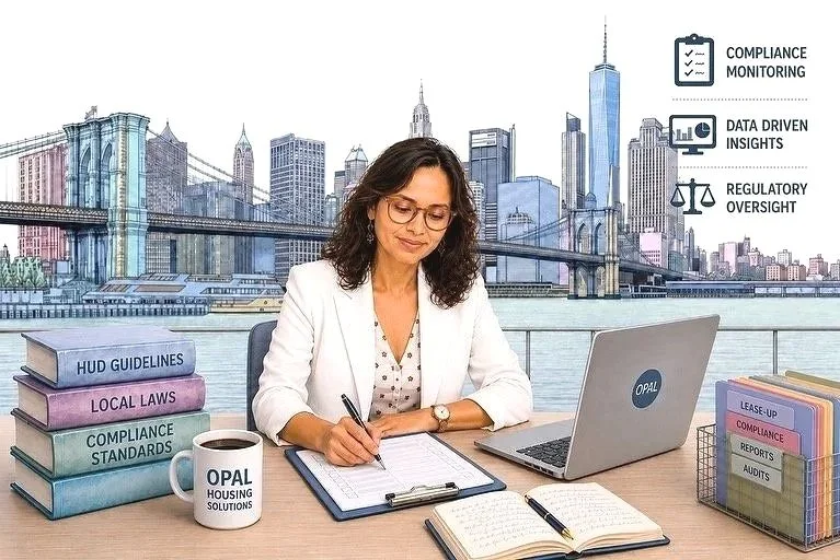 A woman working at a desk outdoors with a city skyline in the background. The desk has books labeled HUD Guidelines, Local Laws, and Compliance Standards, a mug labeled OPAL Housing Solutions, a laptop, and open notebooks. On the right side, there are icons and text indicating compliance monitoring, data-driven insights, and regulatory oversight.
