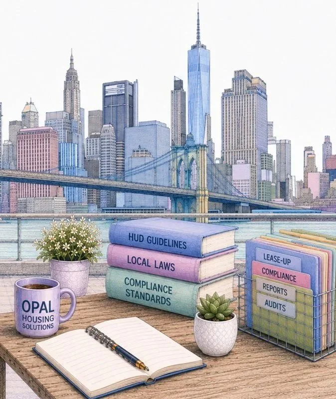 Desk with a coffee mug labeled 'OPAL Housing Solutions,' a notebook with a pen, potted plants, and stacks of colored files labeled 'HUD Guidelines,' 'Local Laws,' 'Compliance Standards,' and a wire organizer with folders labeled 'Lease-Up,' 'Compliance,' 'Reports,' and 'Audits,' with a city skyline and Brooklyn Bridge in the background.