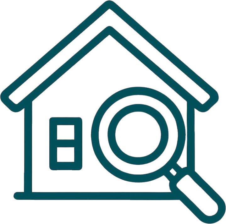 Outline of a house with a window and a magnifying glass over it.