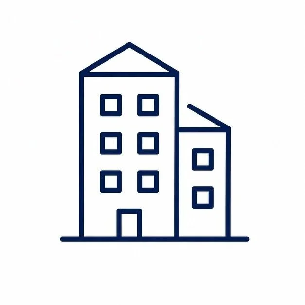 Line drawing of two adjacent multi-story buildings, one taller with a triangular roof, the other shorter with a sloped roof, both with multiple windows.